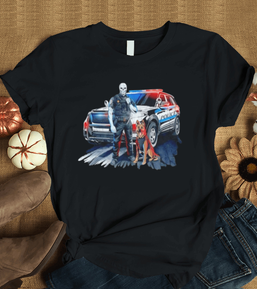 Skeleton Police Officer And Working Dog With Patrol Car T-Shirt