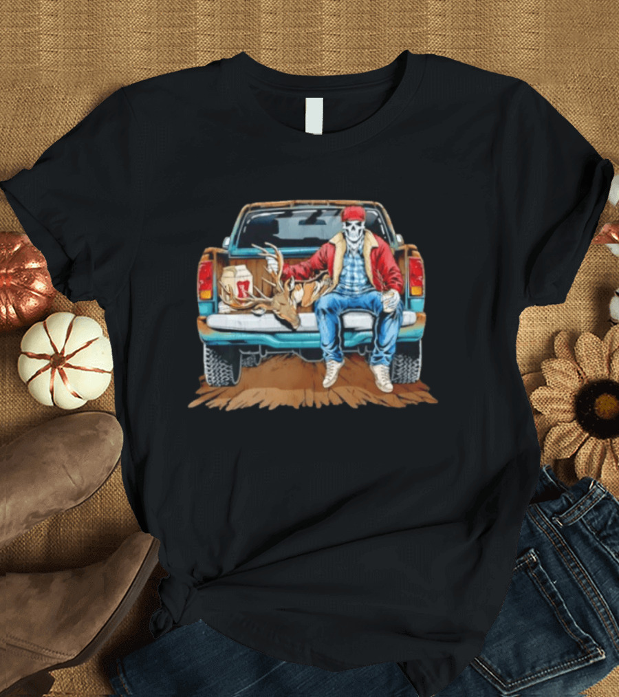 Skeleton Cowboy With Deer Antlers Truck Scene T-Shirt