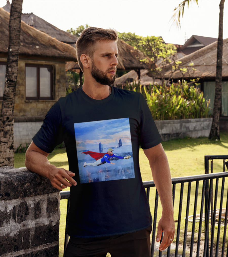Superman Nico Hoerner Chicago Cubs Second Baseman Flying Over City Skyline T-Shirt