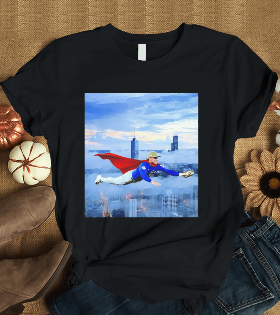 Superman Nico Hoerner Chicago Cubs Second Baseman Flying Over City Skyline T-Shirt