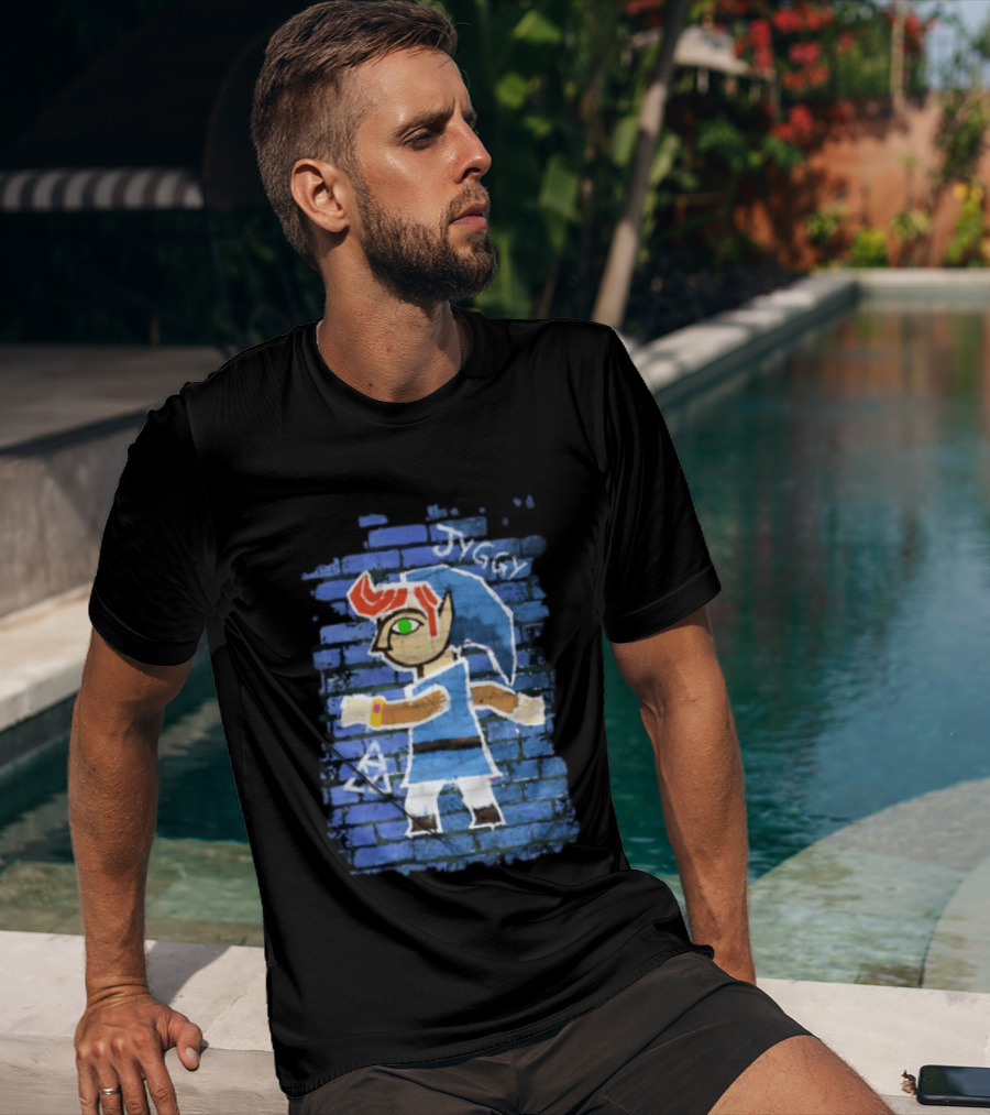 Jyggy ALBJ Character With Triforce On Blue Brick T-Shirt