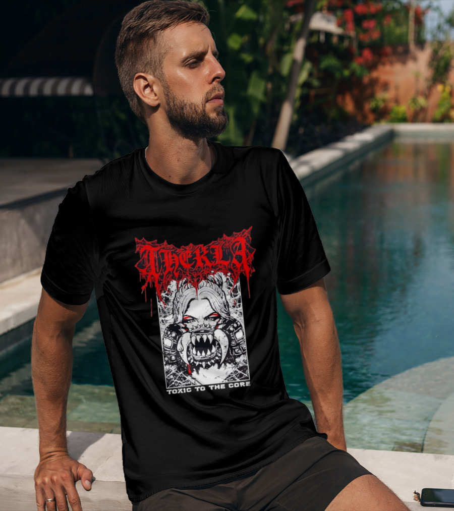 Therkla Toxic To The Core Female Demon Mouth Red Eyes Dripping Blood T-Shirt