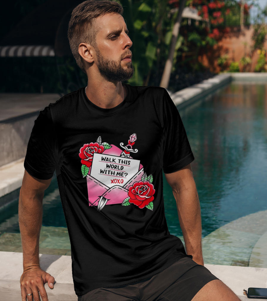 Walk This World With Me XOXO Romantic Tattoo Roses And Letter Envelope T-Shirt