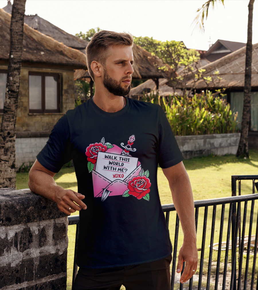 Walk This World With Me XOXO Romantic Tattoo Roses And Letter Envelope T-Shirt
