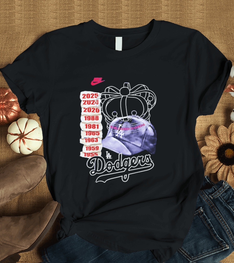 Los Angeles Dodgers 9x World Series Champions Crown And Cap 1955 2025 T-Shirt