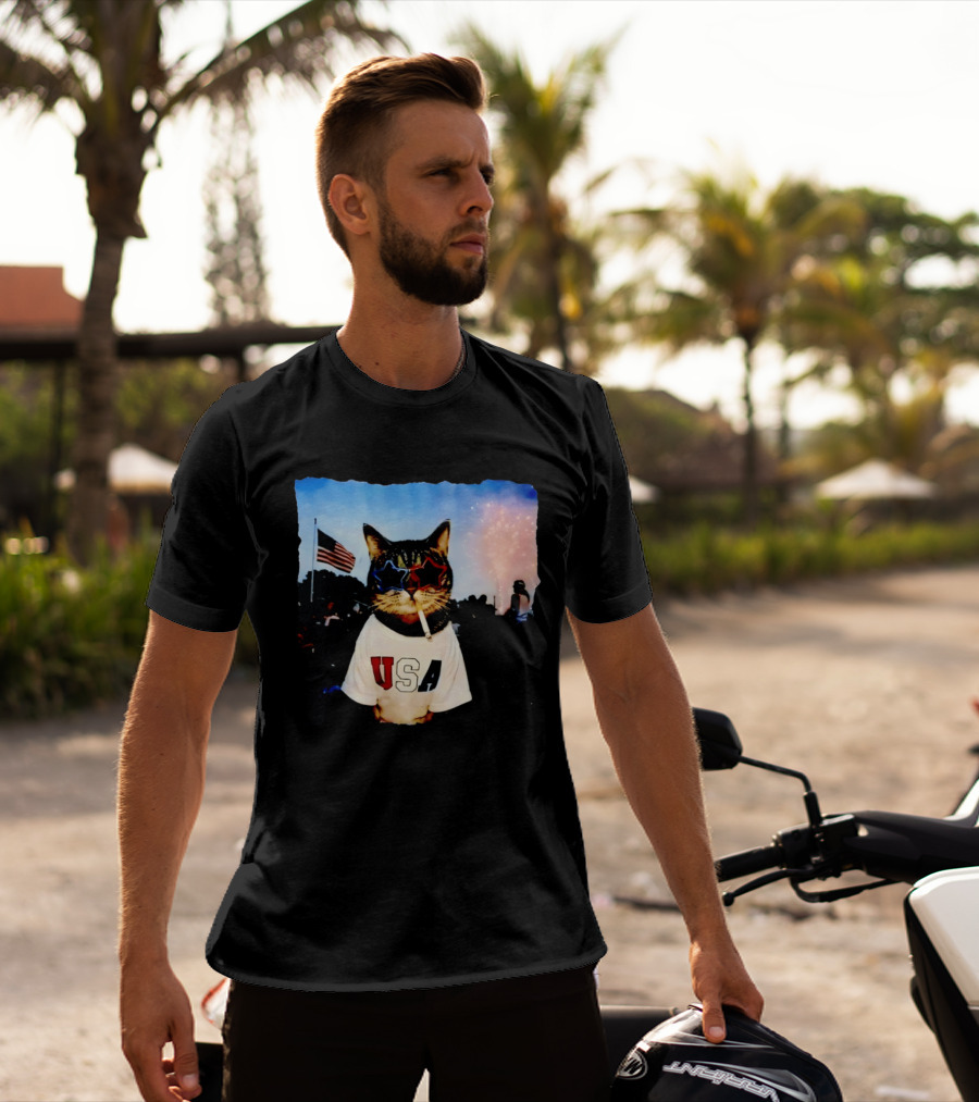 USA Cat With American Flag Sunglasses Smoking Fireworks T-Shirt