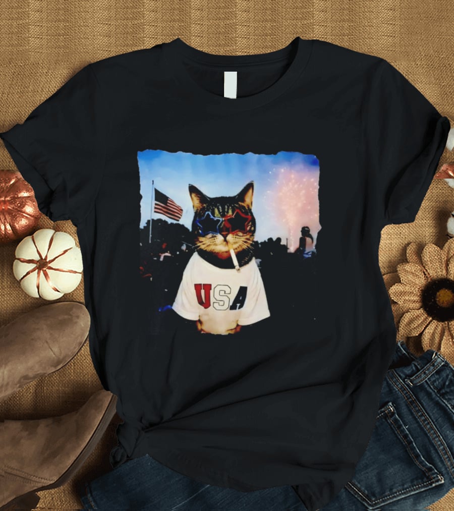 USA Cat With American Flag Sunglasses Smoking Fireworks T-Shirt
