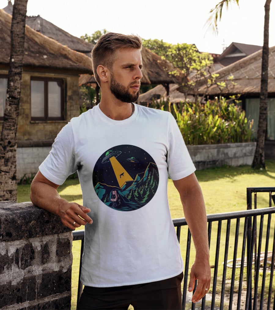 UFOs Aliens Abduction Night Sky Mountains Forest Trees Stars Beam T-Shirt