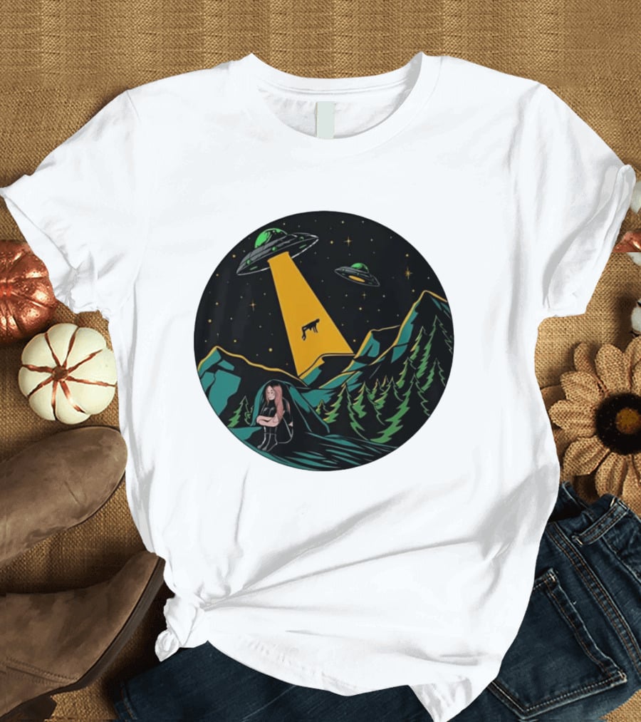 UFOs Aliens Abduction Night Sky Mountains Forest Trees Stars Beam T-Shirt