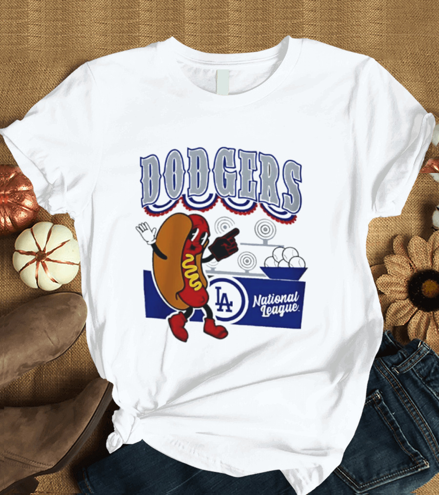 Cartoon Hot Dog Dodgers LA National League Baseball T-Shirt