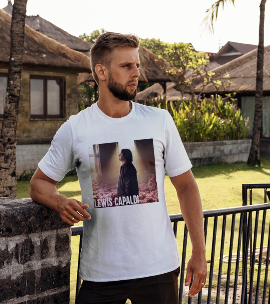 Lewis Capaldi Standing In Floral Scene With Sunlight In Concert Photo T-Shirt