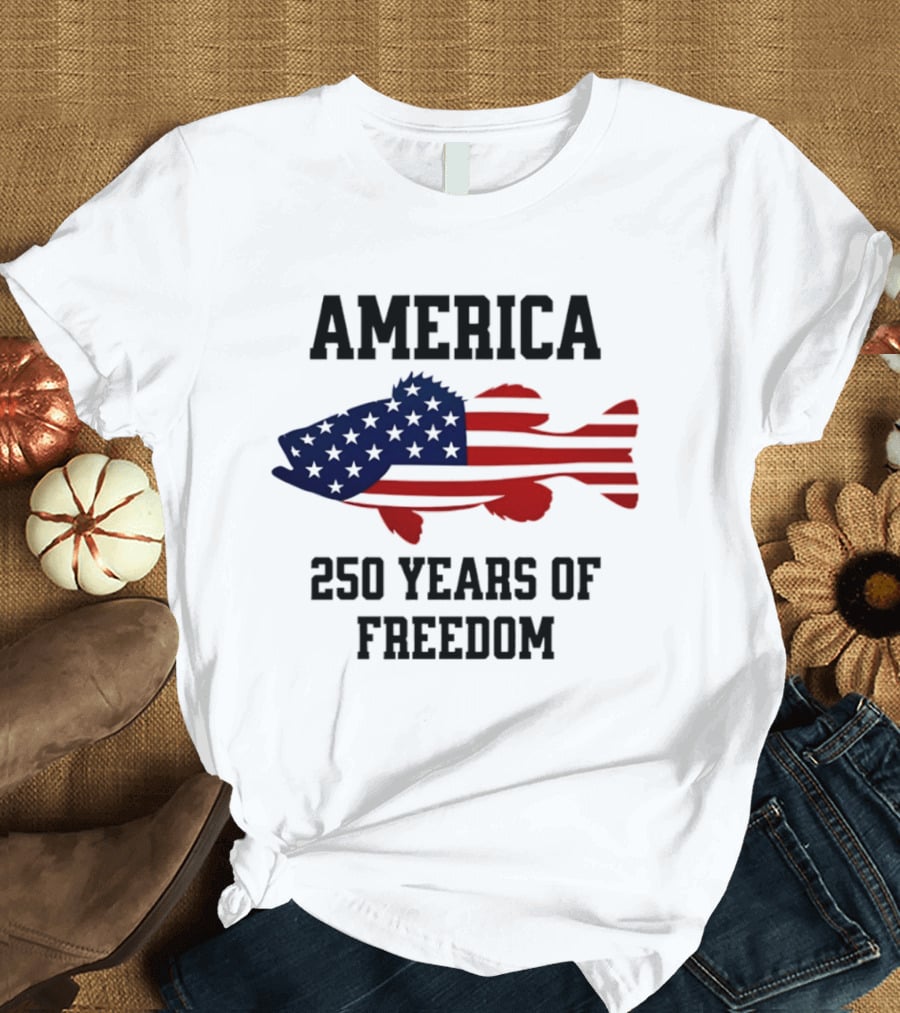 America Flag Bass Fishing 250 Years Of Freedom Celebration T-Shirt