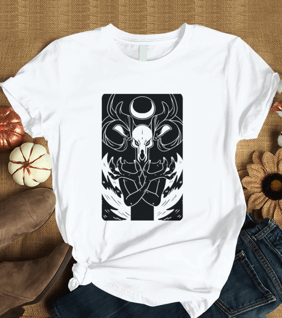 Deer Skull Antlers Crescent Moon Spirit Hands Rays Ritual Mystical Symbolism T-Shirt
