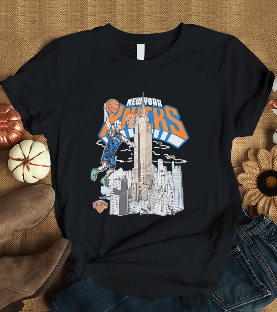 New York Knicks Skeleton Basketball Player Empire State Building Slam Dunk NBA T-Shirt