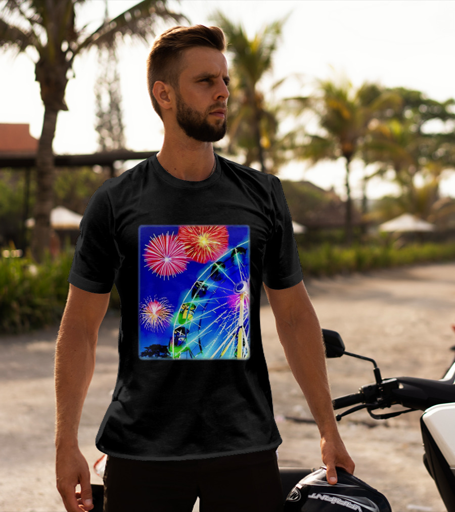 Ferris Wheel Fireworks Night Display Blue Sky T-Shirt