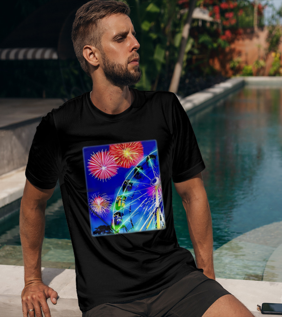 Ferris Wheel Fireworks Night Display Blue Sky T-Shirt