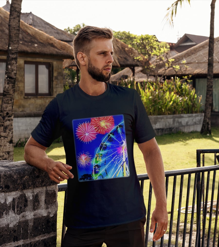 Ferris Wheel Fireworks Night Display Blue Sky T-Shirt