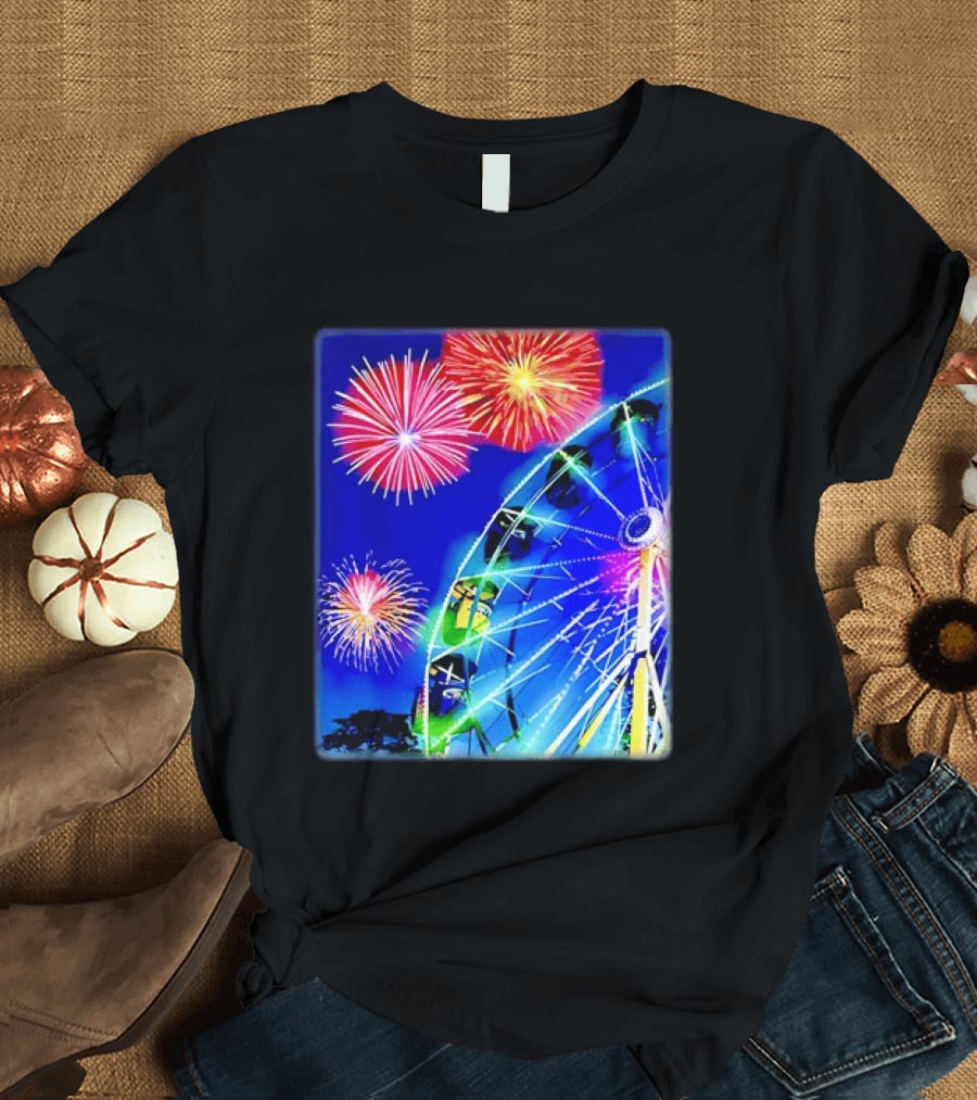 Ferris Wheel Fireworks Night Display Blue Sky T-Shirt