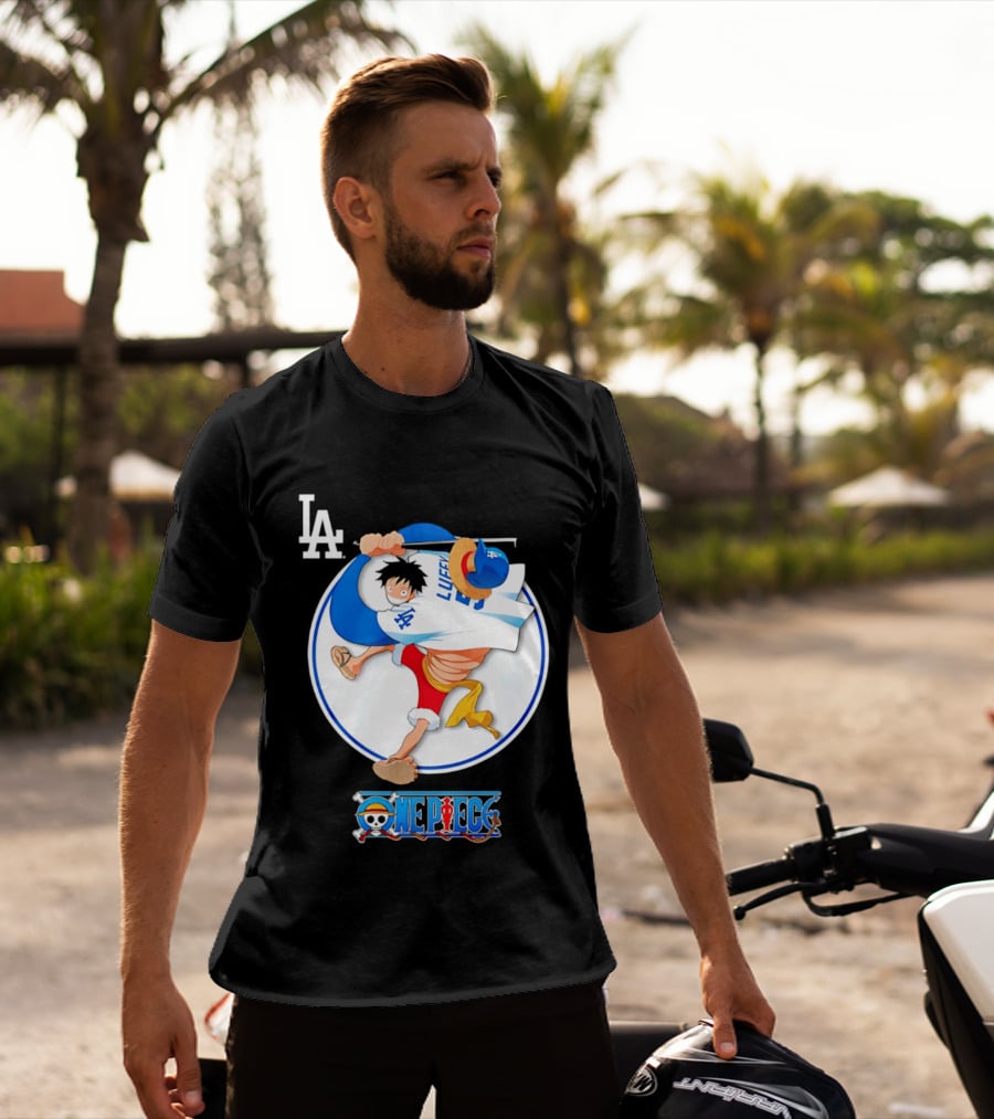 Los Angeles Dodgers Luffy OnePiece Collaboration With LA Logo And One Piece Branding T-Shirt