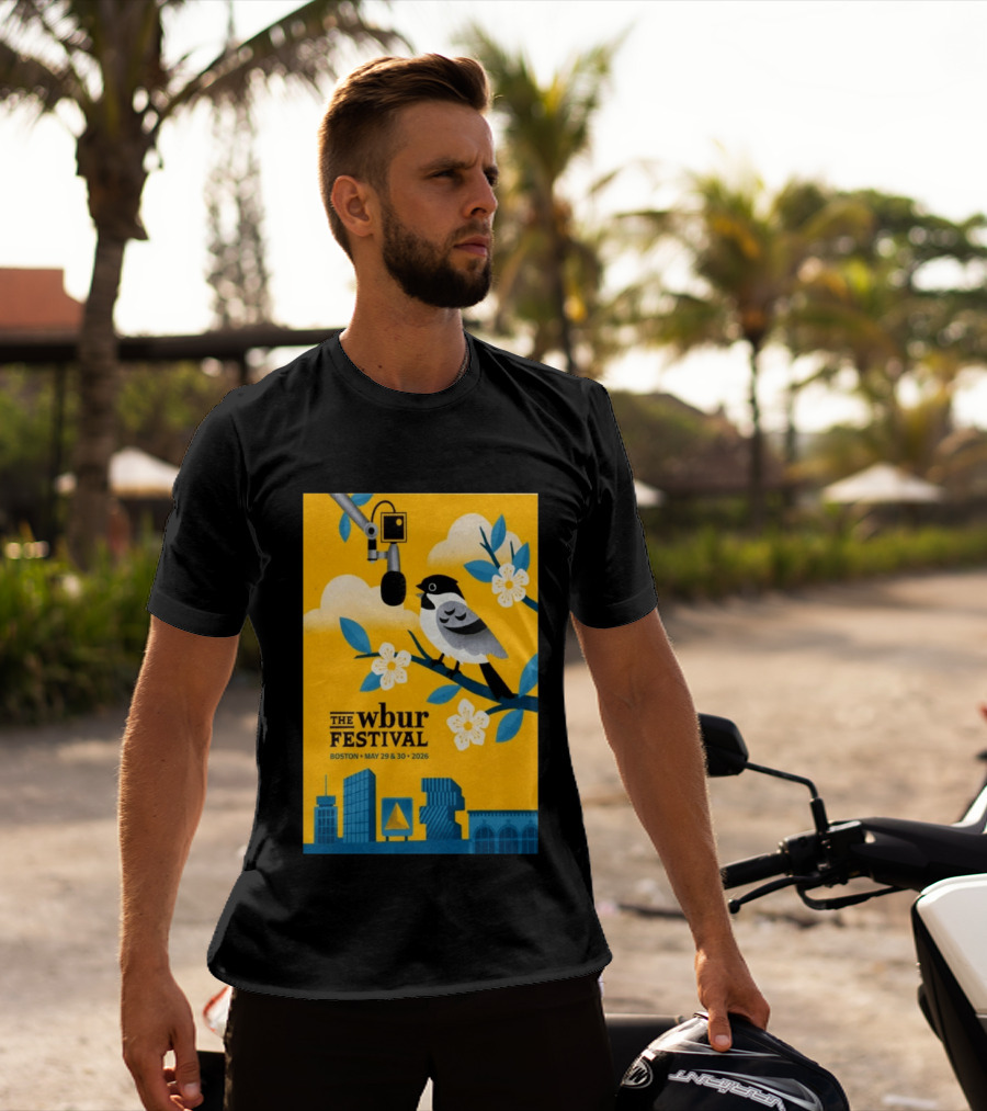 The Wbur Festival Boston 2026 Yellow Bird Microphone Urban Skyline T-Shirt
