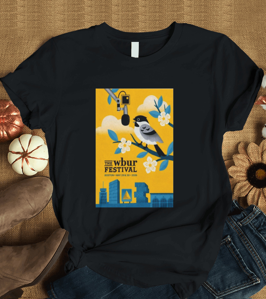The Wbur Festival Boston 2026 Yellow Bird Microphone Urban Skyline T-Shirt