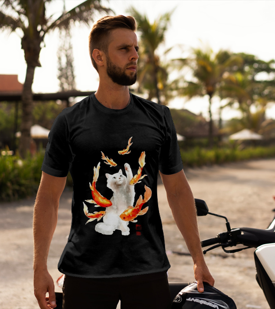 Playful White Cat Surrounded By Goldfish T-Shirt