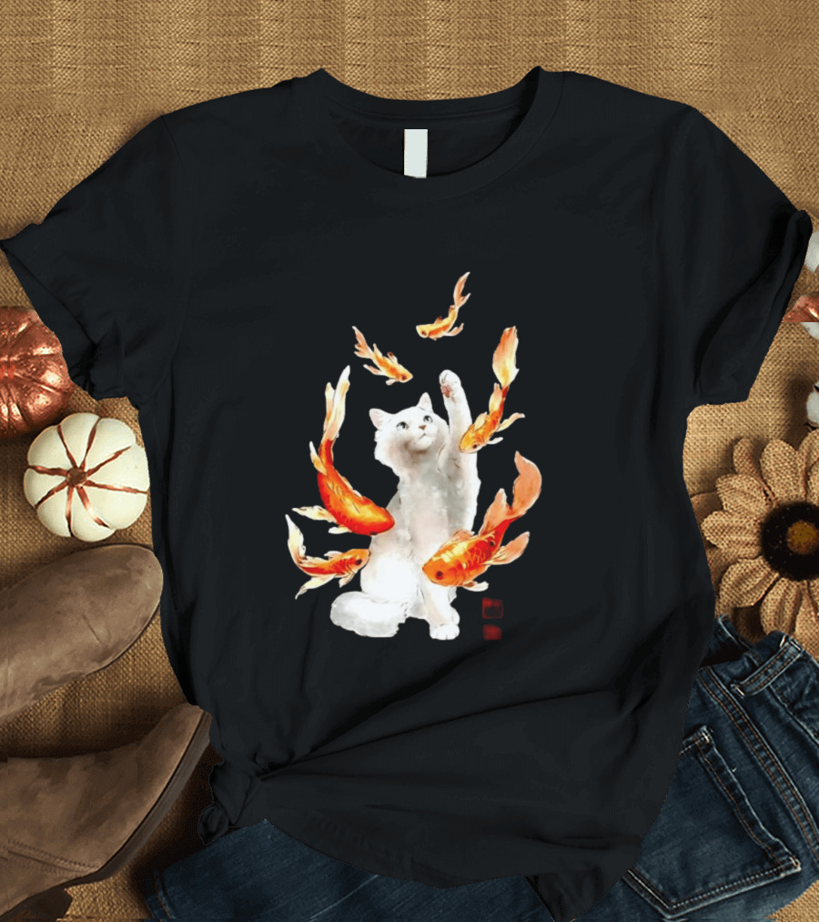 Playful White Cat Surrounded By Goldfish T-Shirt