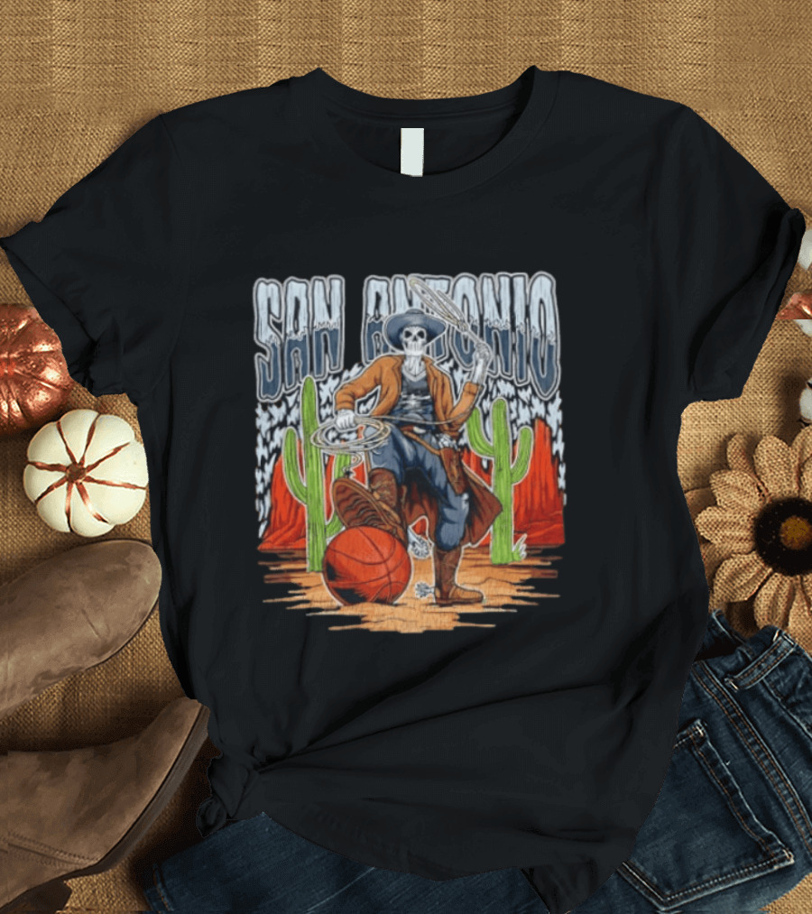 San Antonio Skeleton Cowboy With Basketball And Cactus Scene T-Shirt