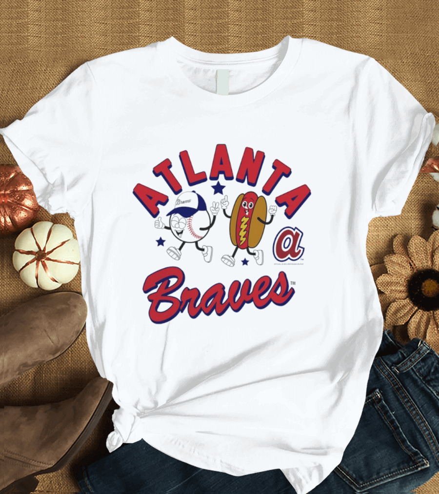 Atlanta Braves Baseball Character With Hot Dog Snack And Team Spirit T-Shirt