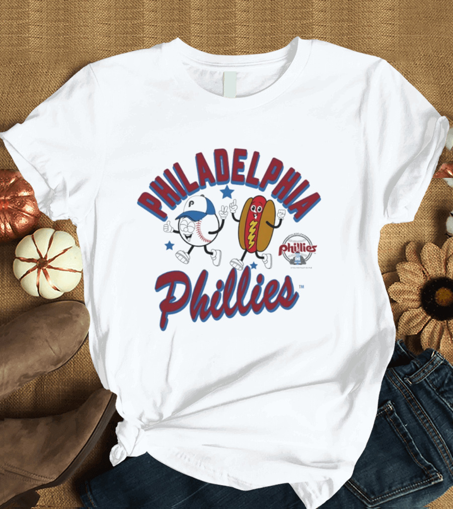 Philadelphia Phillies Baseball Hot Dog And Cartoon Characters T-Shirt