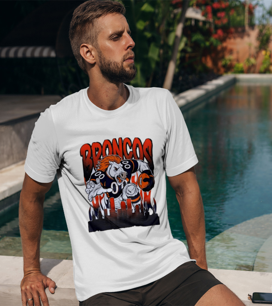 Denver Broncos Football Bronco Running Horse Skyline T-Shirt