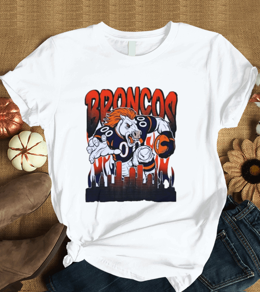 Denver Broncos Football Bronco Running Horse Skyline T-Shirt