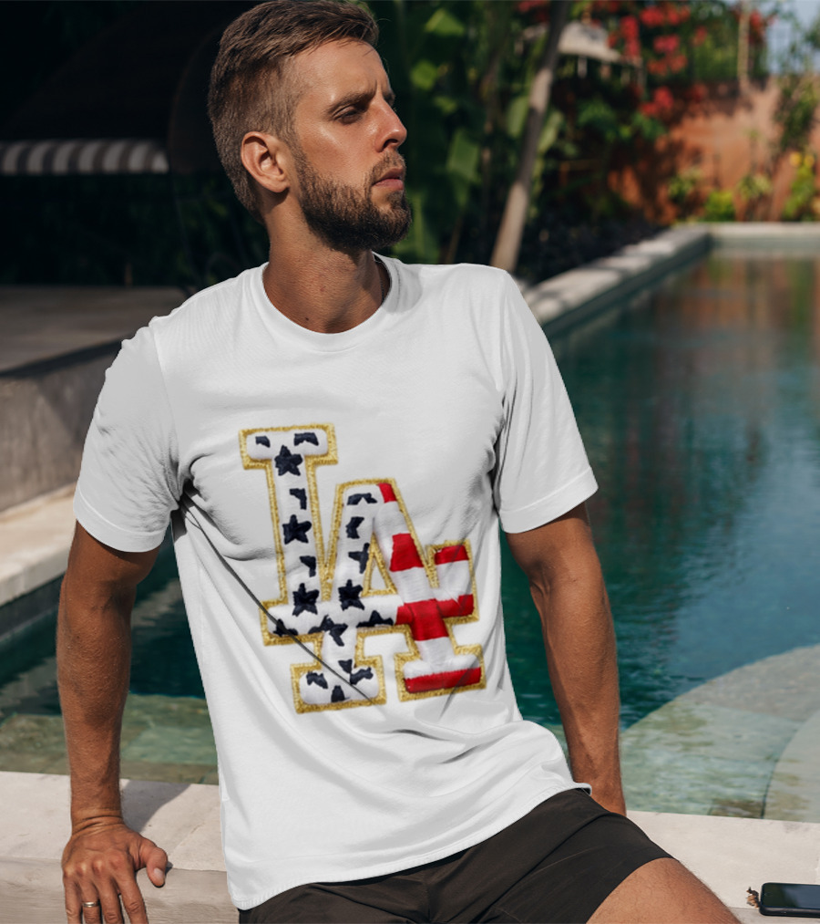 Dodgers LA 250th Anniversary Stars And Stripes Gold Trim Patch T-Shirt
