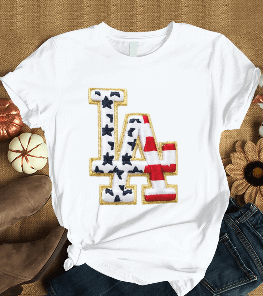 Dodgers LA 250th Anniversary Stars And Stripes Gold Trim Patch T-Shirt