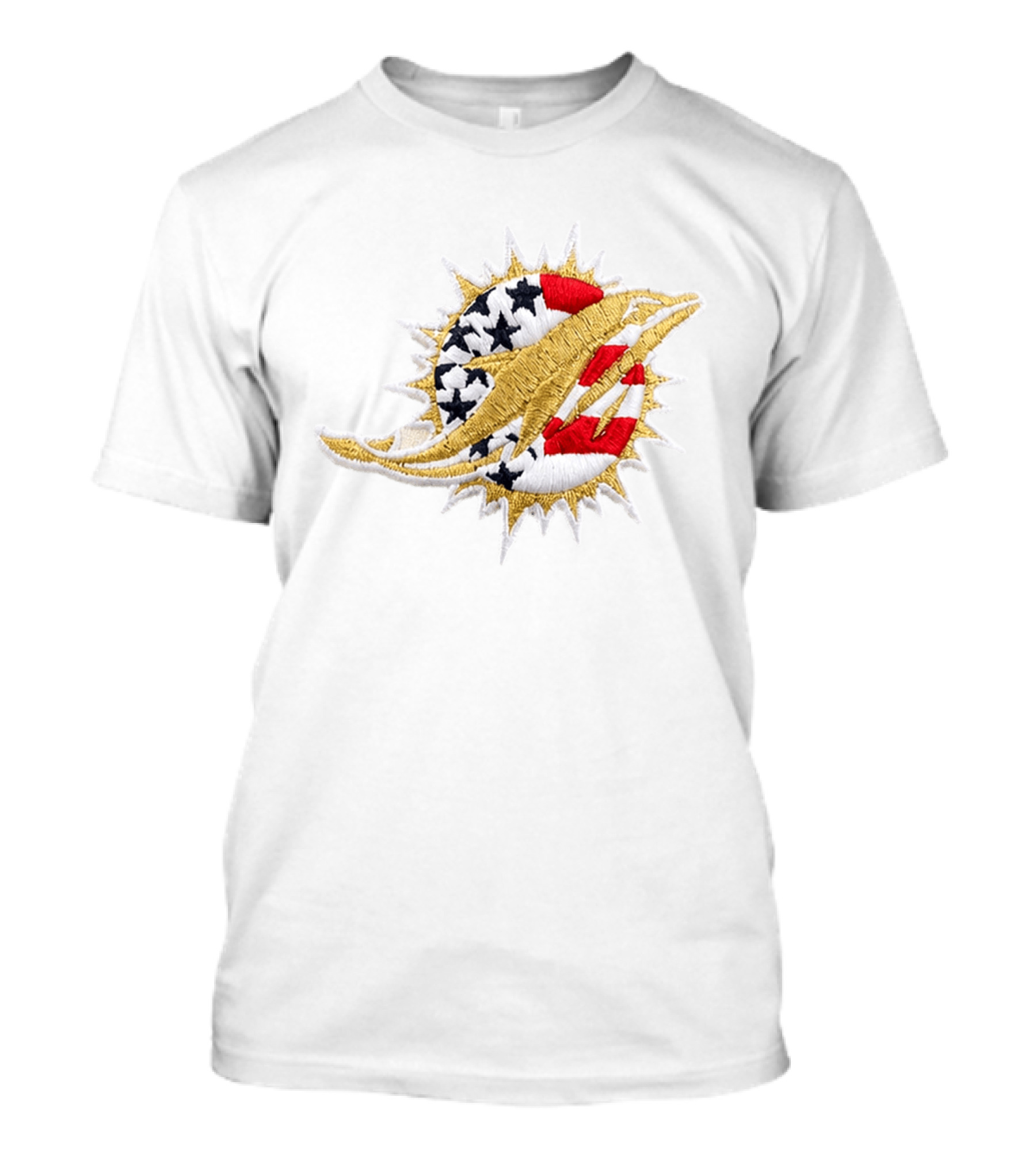 Sure, Here's The Revised Title: "Miami Dolphins USA Flag Patch America 250 Stars Stripes T-Shirt