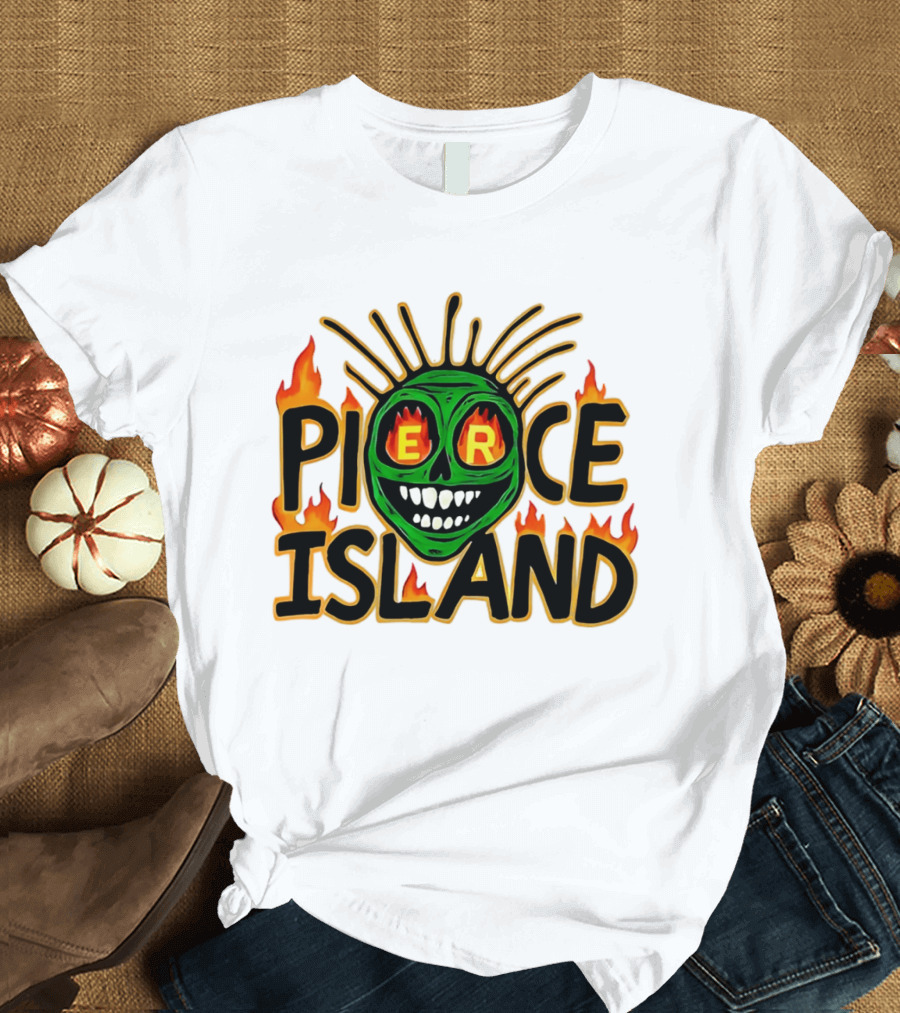 Pierce Island Green Skull Flames Spooky Island T-Shirt