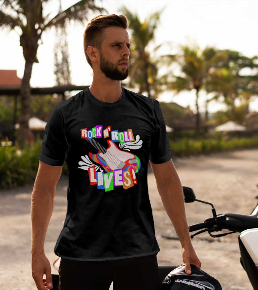 Rock N' Roll Lives Colorful Electric Guitar T-Shirt