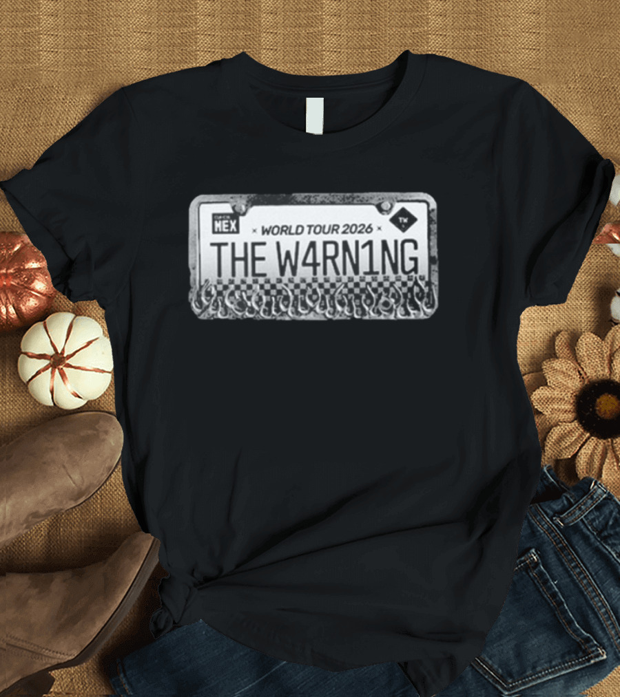 The W4RN1NG World Tour 2026 License Plate Checkered Flames T-Shirt