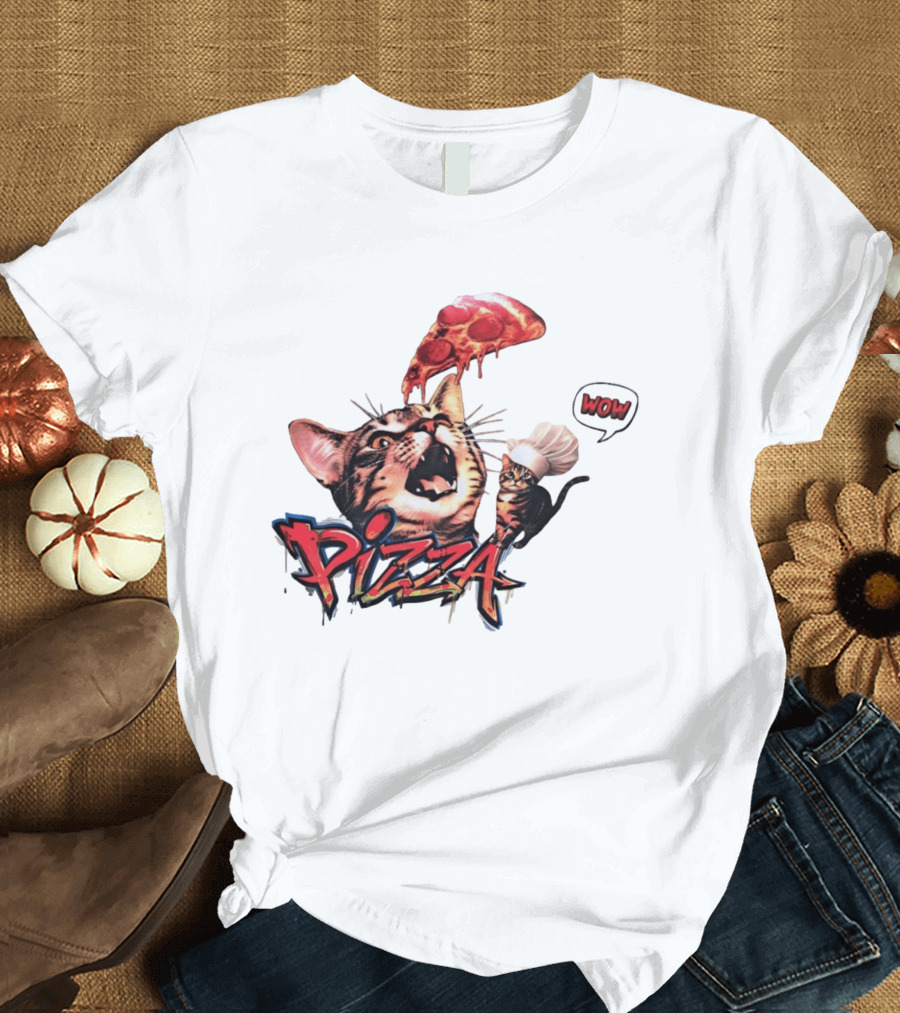 Pizza Cat Wow Chef Graffiti Culinary Delight T-Shirt