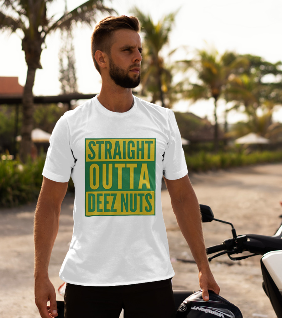 Straight Outta Deez Nuts Bold Yellow Green Block Letters T-Shirt