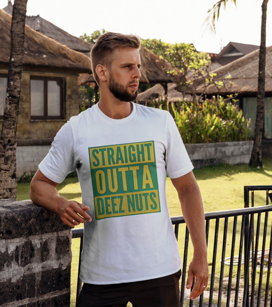 Straight Outta Deez Nuts Bold Yellow Green Block Letters T-Shirt