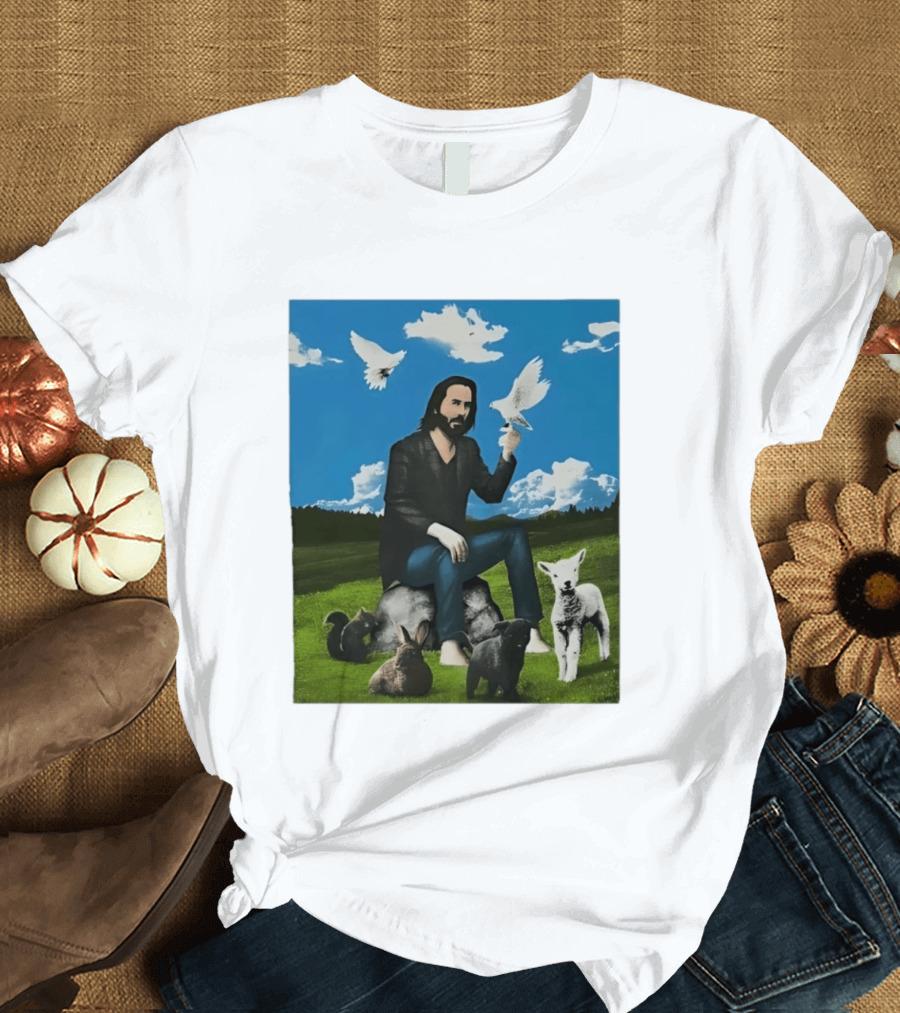 Keanu Reeves Peaceful Meadow With Animals And Doves T-Shirt