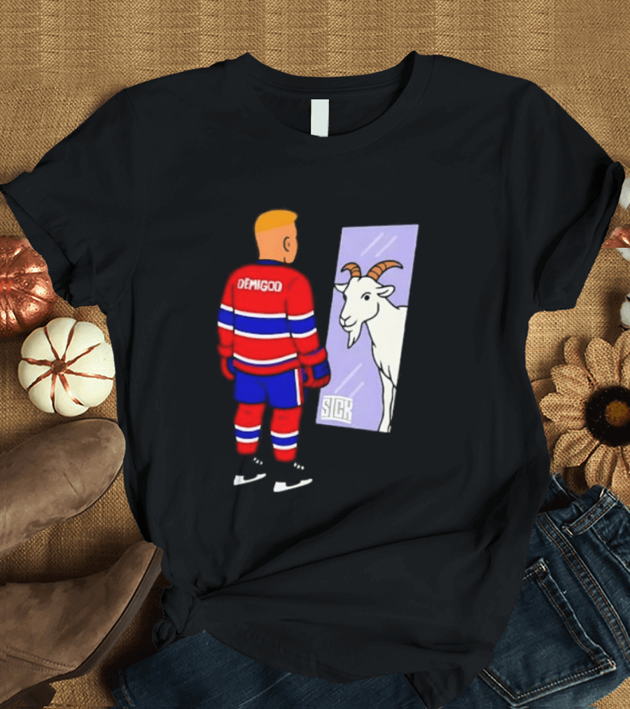 Demigod Hockey Player Looking In Mirror With Goat Reflection T-Shirt