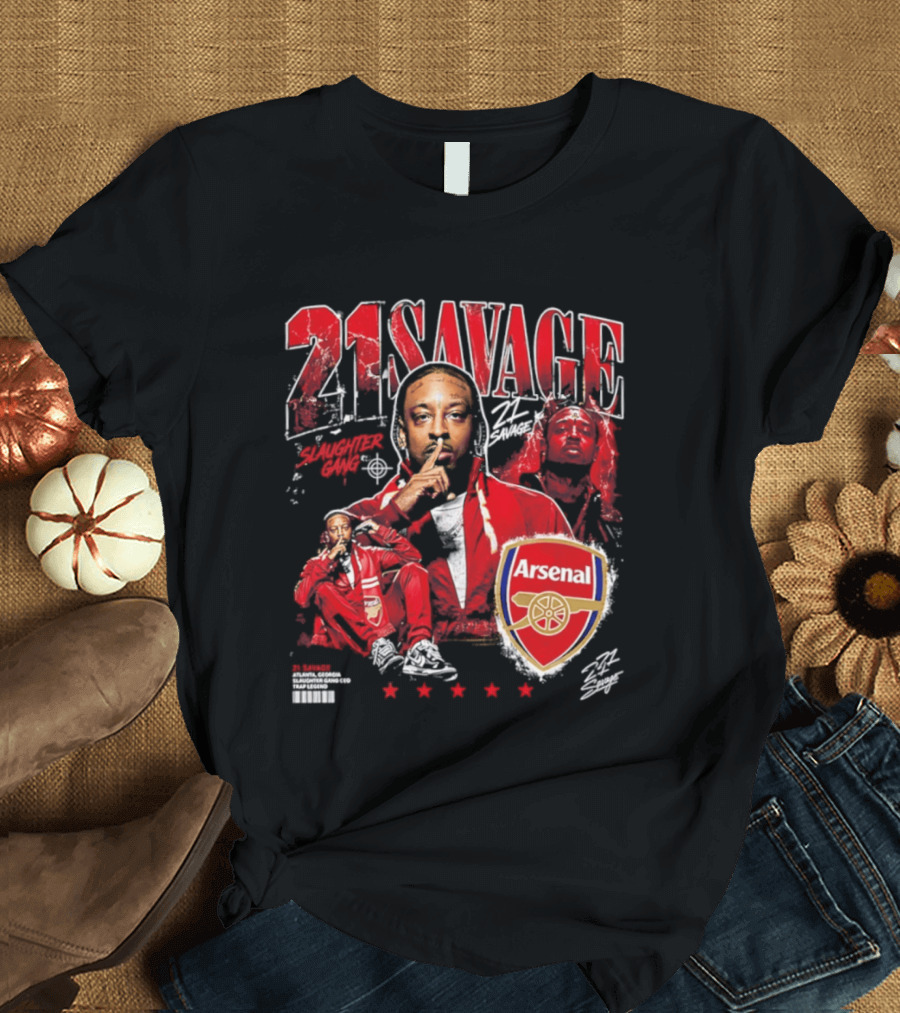 21 Savage Arsenal Collaboration Featuring Slaughter Gang Logos T-Shirt