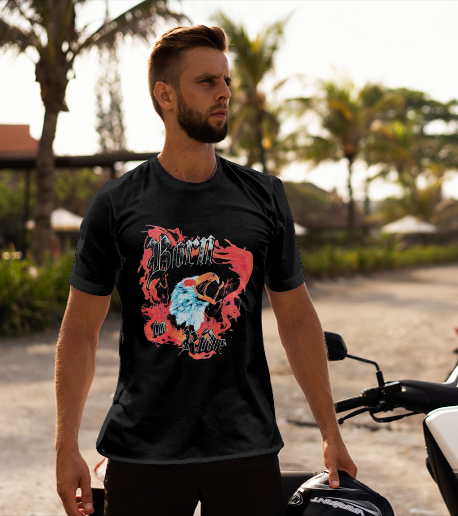 Born To Ride Fiery Bald Eagle Biker T-Shirt
