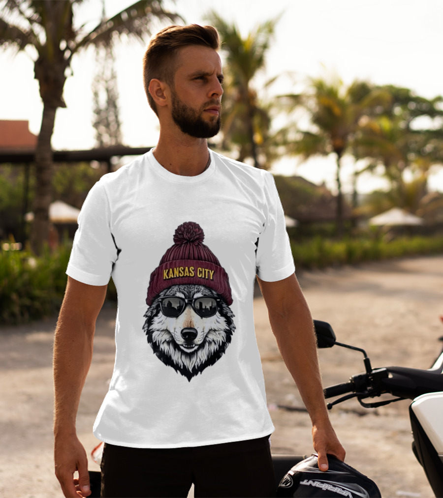 Kansas City Wolf Beanie Sunglasses Cityscape T-Shirt
