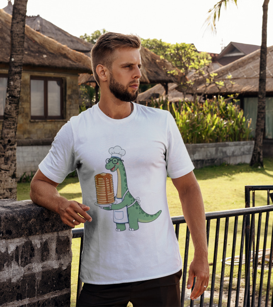 Chef Dinosaur With Towering Pancakes And A Smile T-Shirt