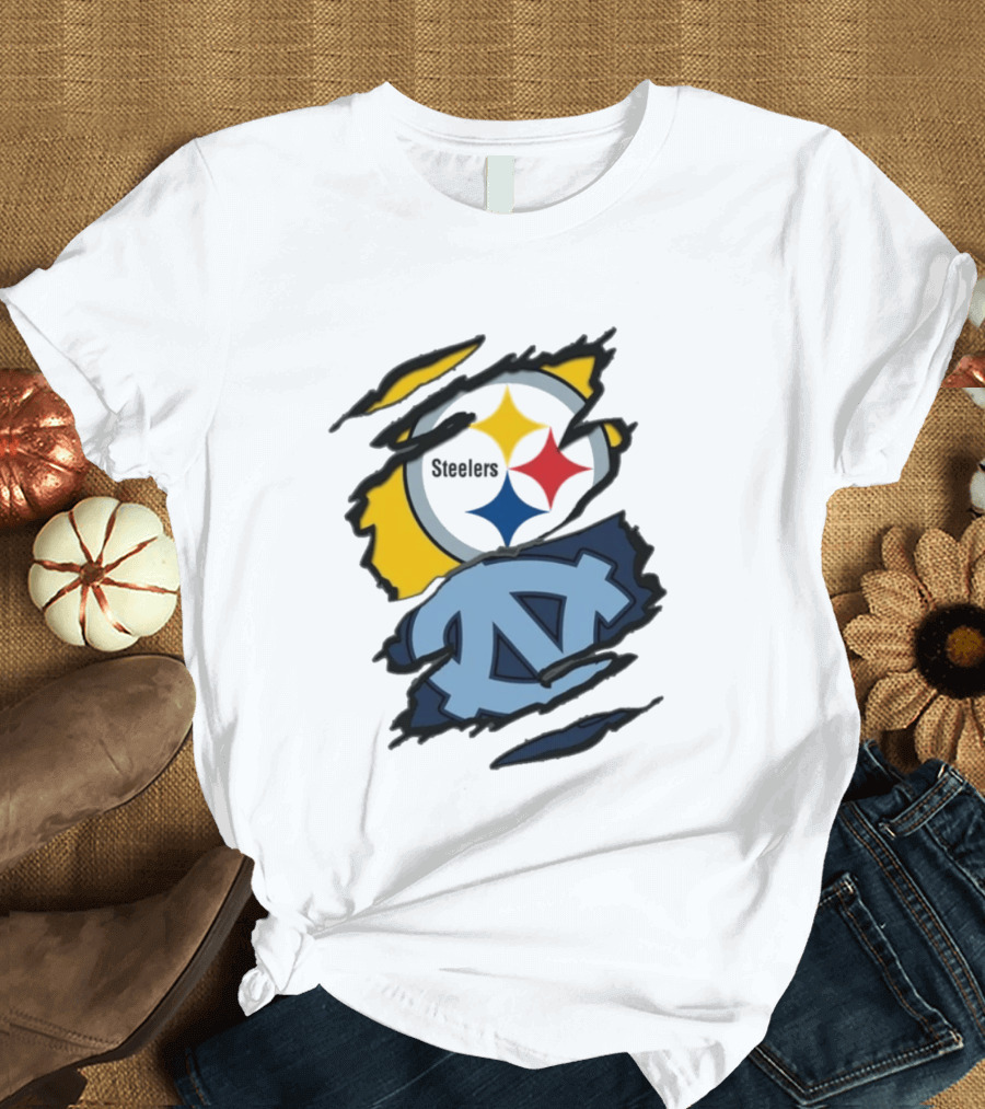 Pittsburgh Steelers UNC Tar Heels Ripped Metal Effect Logo Fusion T-Shirt