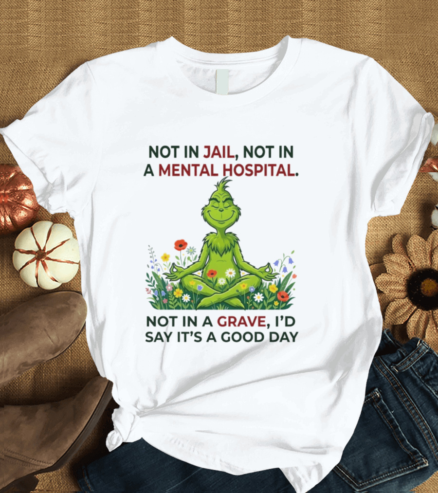 Grinch Not In Jail Not In A Mental Hospital Not In A Grave Meditation Good Day T-Shirt