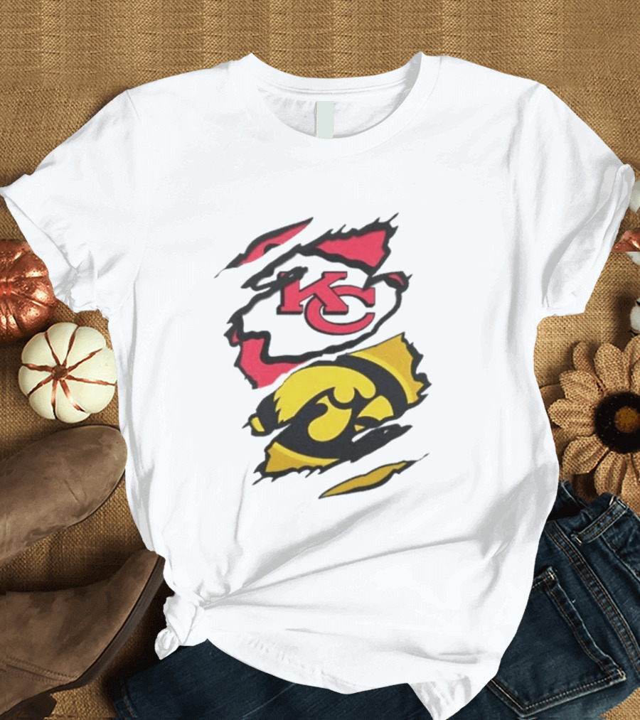 Kansas City Chiefs Iowa Hawkeyes Torn Paper KC Hawkeye Logo Mix T-Shirt